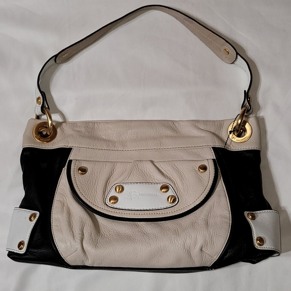 B.Makowsky Black Cream Leather Shoulder Bag Purse